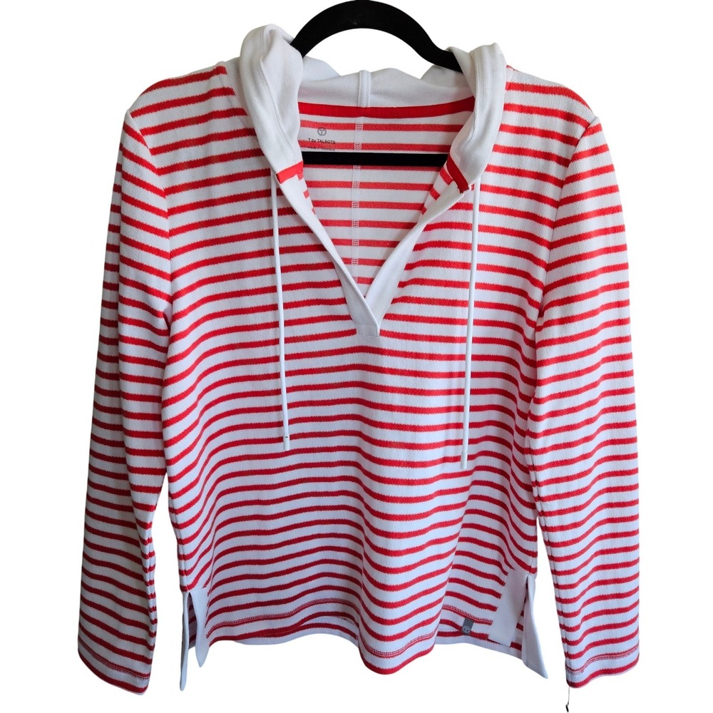 T by Talbots Red White Striped Waffle Knit Hoodie Top Petite Medium PM NEW